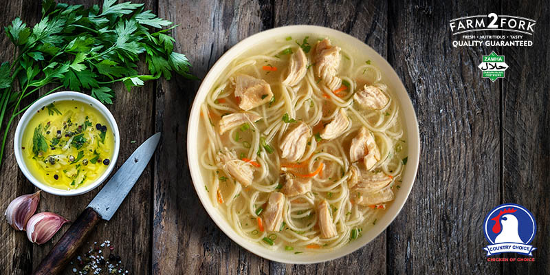 A bowl of Classic chicken noodle soup | Assorted Country choice chicken pack