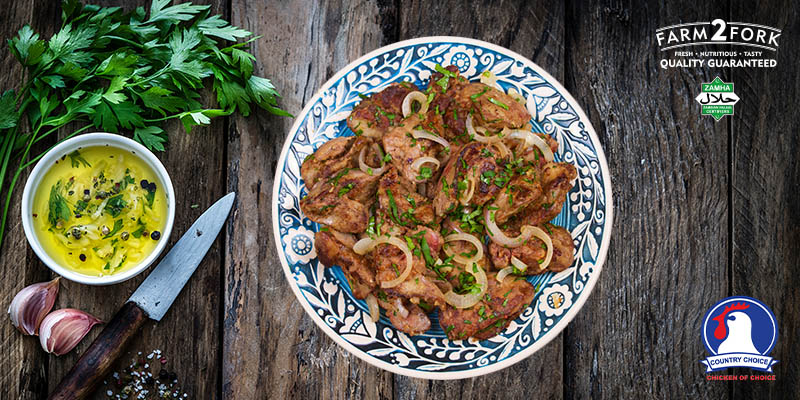 Plated garlic marinated liver garnished with coriander | Country Choice Chicken Liver